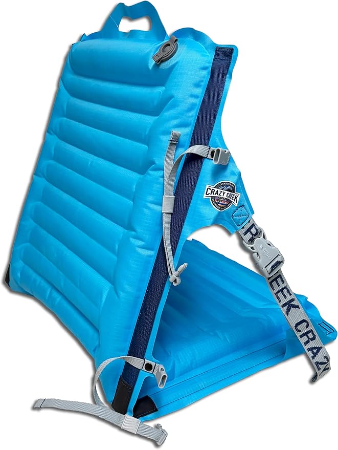 Crazy Creek Inflatable AirCliner Original Chair for Camping Backpacking Beaches Comfort on All Terrains Adjustable Straps Compact Design Dual Purpose Chair and Pad in one Big Sky Blue