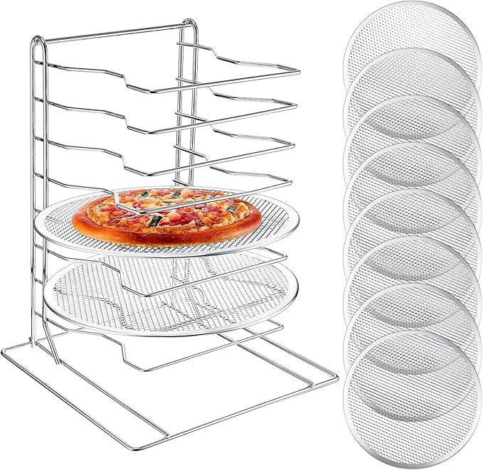 Zhehao Pizza Rack 8 Tiered Stand 16.7'' H x 12'' L x 12'' W and 8 Pcs Pans with Holes Aluminum Baking Set for Easy Storage and Baking Multiple Pizzas