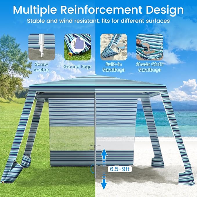 MoKo Beach Cabana 8'×8' Large Beach Canopy with Side Wall UPF 50+ Protection Easy Setup Beach Tent Sun Shelter Adjustable Height Wind Resistant Cabana Beach Tent for Whole Family Blue-Green Stripe