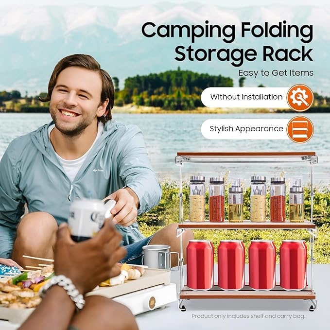 3-Tier Wooden Folding Outdoor Camping Table with Tote BagPortable Camping Shelves Lightweight Camp Storage Rack Outdoor Folding Table for Picnic Beach Fishing Hiking Cooking Backpacking Travel