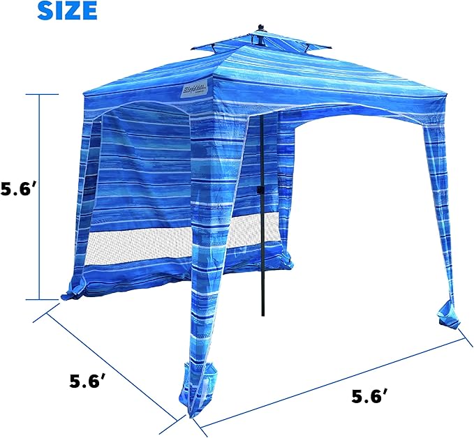 Beach Cabana Canopy Shelter – Sun Shade Tent – 6’ X 6’ - UPF 50+ - Waterproof - Easy Setup – 2 Layer Wind Vent Umbrella – 6 Ft X 6 Ft – BONUS sidewall – Beach Lake Park for Family - 2 to 4 People