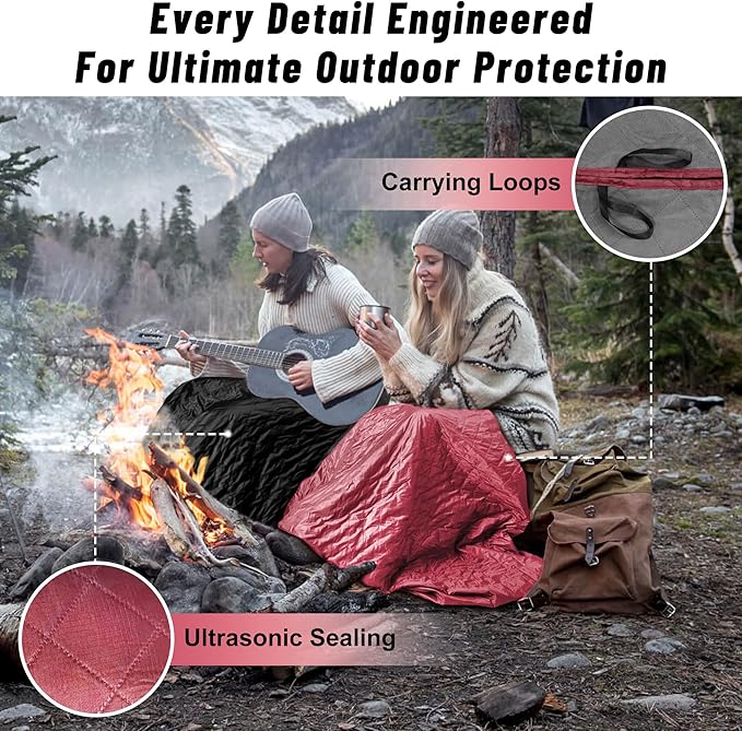 Waterproof Outdoor Blanket 82”X 55” Packable Stadium Blankets for Camping with Sherpa Fleece Lining Large Windproof Emergency Throw Mat for Garss Picnic Hiking Road Trip Machine Washable Wine