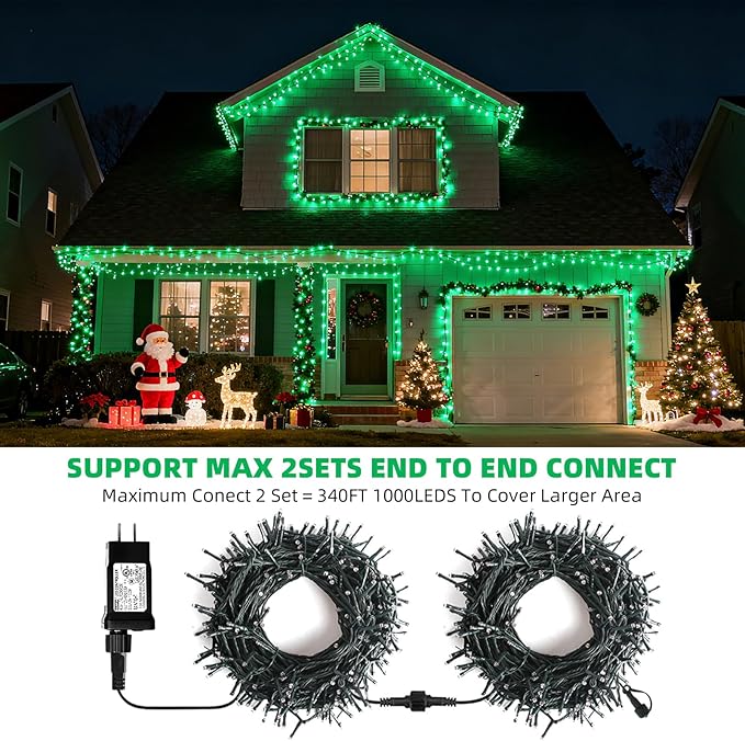 500 LED Green Christmas Tree Light170ft Connectable Christmas Lights with 8Modes UL Certified Lights String Outdoor for Christmas Holiday Party Decor