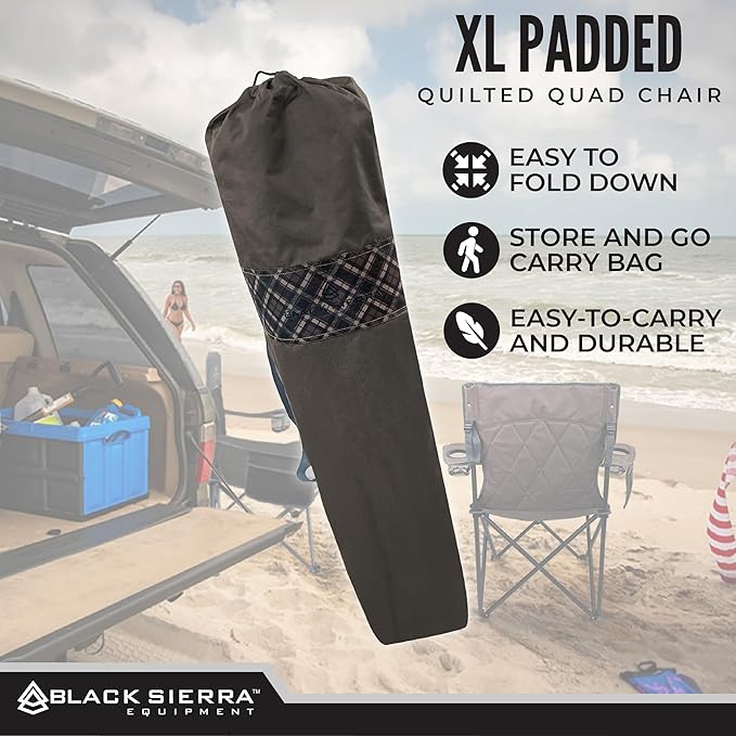 Black Sierra Oversized Camping Folding Chair Heavy Duty Outdoor Seat Supports 300 lbs with Steel Frame Collapsible Quilted Padded Plaid Camp Bag Chair for Tailgating Sports Games Patio