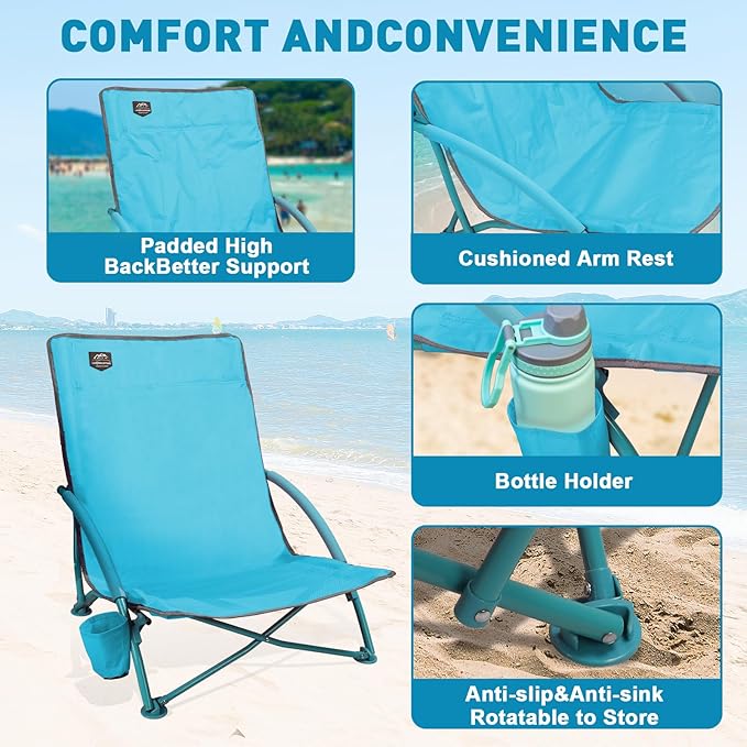 2 Pack Low Beach ChairFolding Recliner Camping Chair for AdultsLightweight Backpacking Low Seat Camping Chairs with Cup HolderCarry Bag for Outdoor Camp Lawn Picnic FestivalBlue