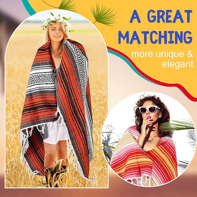 6 Pcs Mexican Blankets Bulk Yoga Authentic Throw Mexican Serape Blanket Large Colorful Striped Falsa with Fringed for Outdoor Camping Beach Picnic Home Decor (Orange Green)
