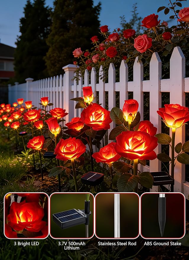 Brightown Outdoor Solar Flower Lights 4 Pack Solar Garden Light with Larger &amp More Realistic Red Rose Bigger Solar Panel Waterproof Solar Lights Outdoor for Yard Garden Lawn Pathway Decoration