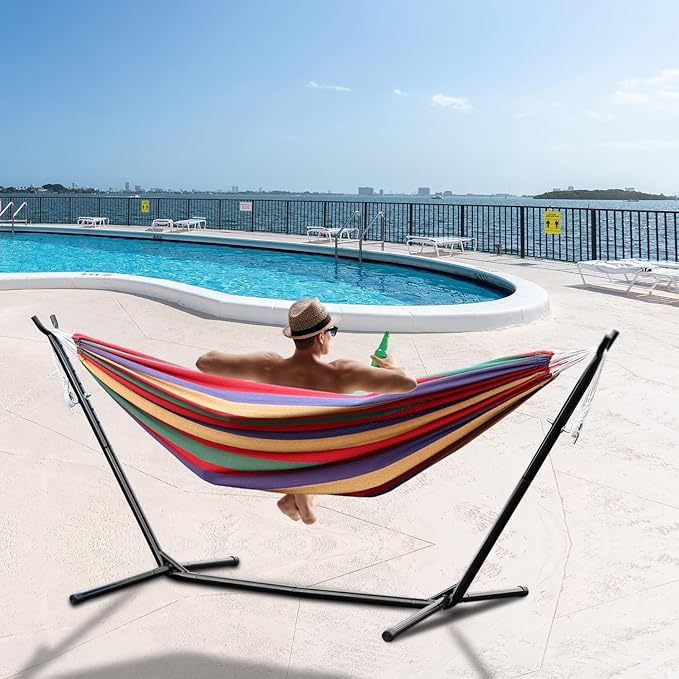 Double Hammock with StandBasics Double Hammock with Space Saving Metal Stand Indoor Hammock Stand with Carrying Bag Strong Load-BearingSuit for Outside Indoor Yard Camping Red