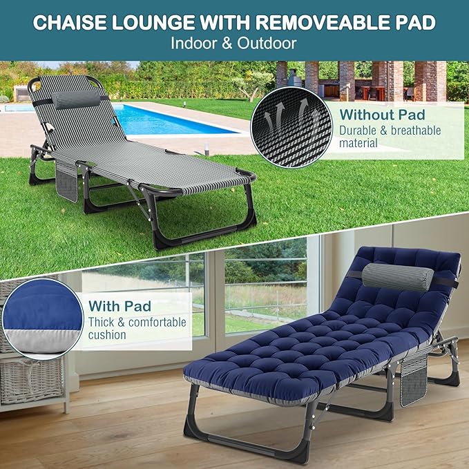 NAIZEA Folding Camping Cot W/Mat for Adults Adjustable Lounge Chair Outdoor Heavy Duty Sleeping Cot Bed Travel Camp Cots for Pool Beach Patio Sunbathing
