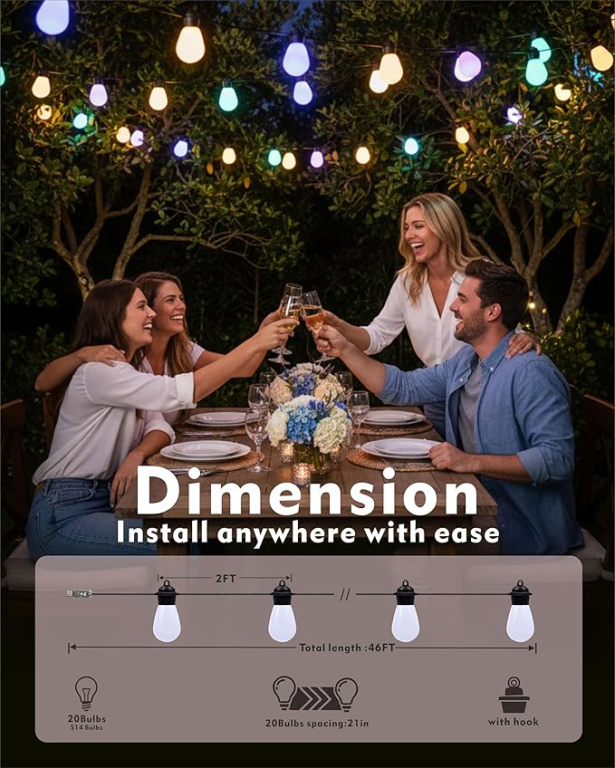 Honche Outdoor String Lights S14 46FT Patio Lights with 20 Shatterproof LED Bulbs APP &amp Remote Control 213 Scene Modes USB Powered IP67 Waterproof for Garden Wedding Party Camping