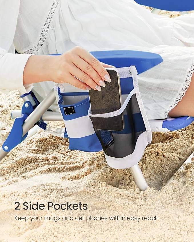SONGMICS Portable Backpack Beach Chair 331 lb Capacity 4 Angles Adjustable Backrest 2 Side Pockets Towel Bar Blue and White UGCB62BU