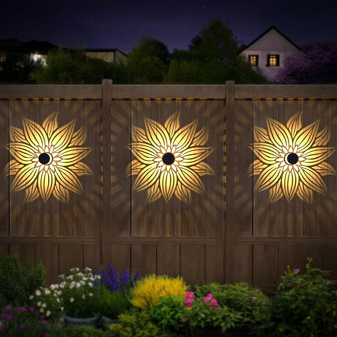 Solar Fence Lights 2 Pack Outdoor Deck Step Wall Lights Metal Waterproof LED Warm Yellow Light for Garden Post Patio Backyard Yard Decor (Flower 2)