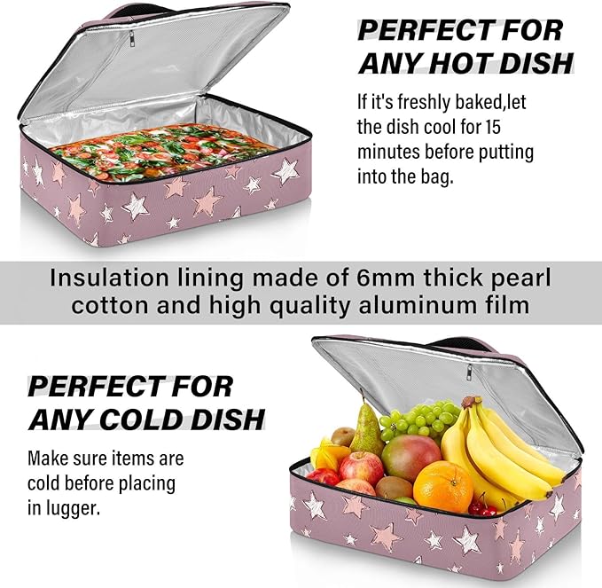 Casserole Carrier Purple StarsInsulated Casserole Carrier for Hot or Cold Food Thermal Lunch Tote for Potluck Parties Picnic Beach Fits 9 x 13 Inches Baking Dish
