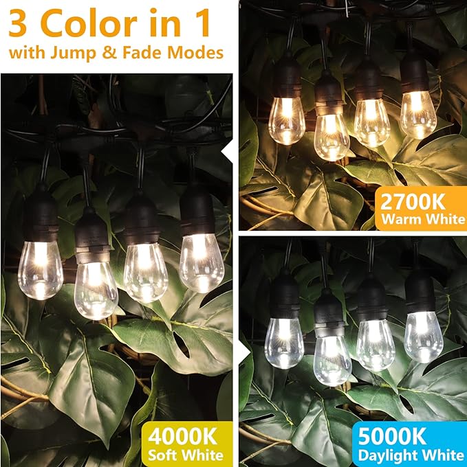 Mlambert 96Ft(2x48ft) 3-Color in 1 48Ft LED Dimmable Outdoor String Lights with Remote Plug-in 2700K/4000K/5000K Waterproof Lights for Patio Cafe