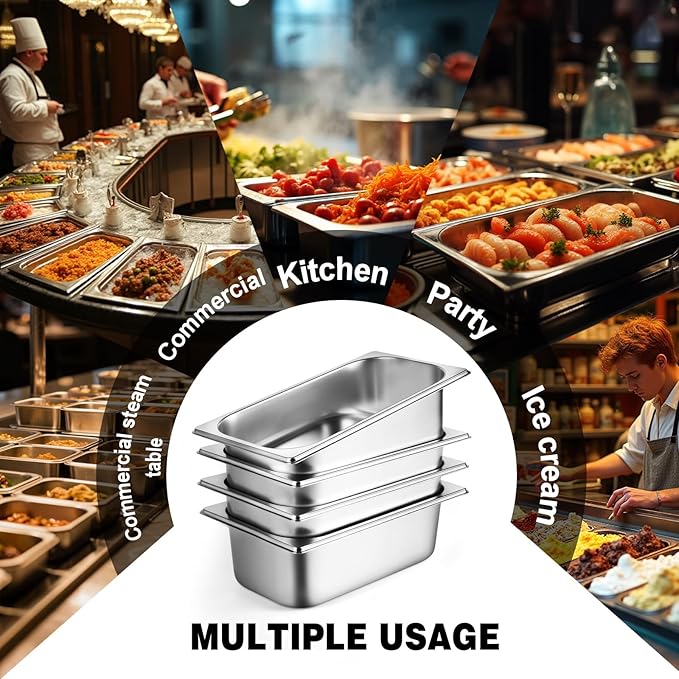 West Bay 4 Pack 1/4 Size Hotel Pan with Lids 4'' Deep Steam Table Pan with Lid 10.2''L x 6.3''W Stainless Steel Pans for Home Party Hotel Buffet