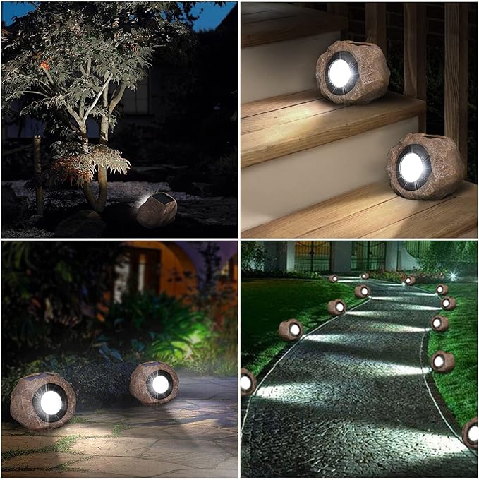 2 Pack Solar Rock Lights Outdoor Angle Adjustable Solar Lights Outdoor Waterproof LED Solar Garden Lights Auto On/Off Landscape Lighting for Yard Pathway Patio Flower Bed - White Glow (Stone Brown)