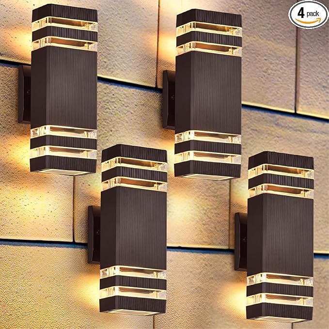 DASTOR 4 Pack Outdoor Wall Lights Brown Exterior Lighting Fixtures Wall Mount 2-Layer Modern Outdside Lights for House Up and Down Outdoor Sconce Lights for Porch Patio Garage