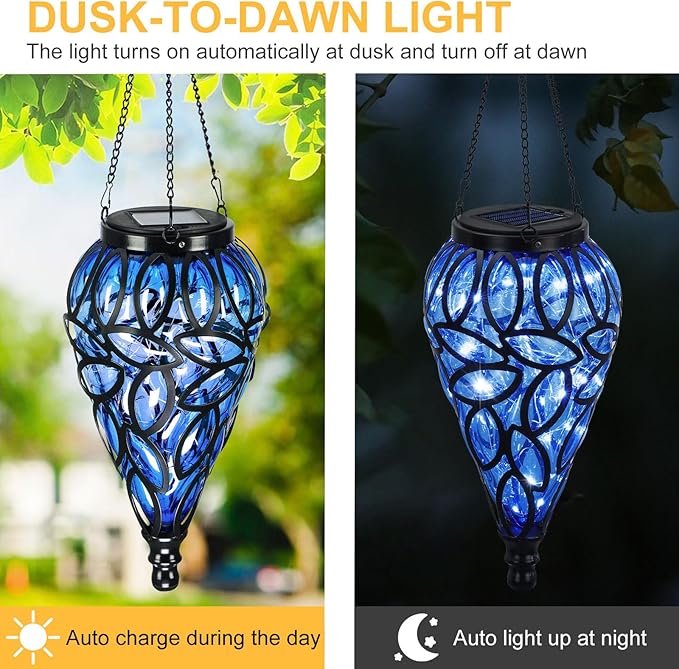 Solar Hanging Lantern Outdoor Lights Tear-Shaped 15 LEDs Cool White Hanging Lights with S Hooks Decor in Garden Yard Pathway Front Door and Landscape