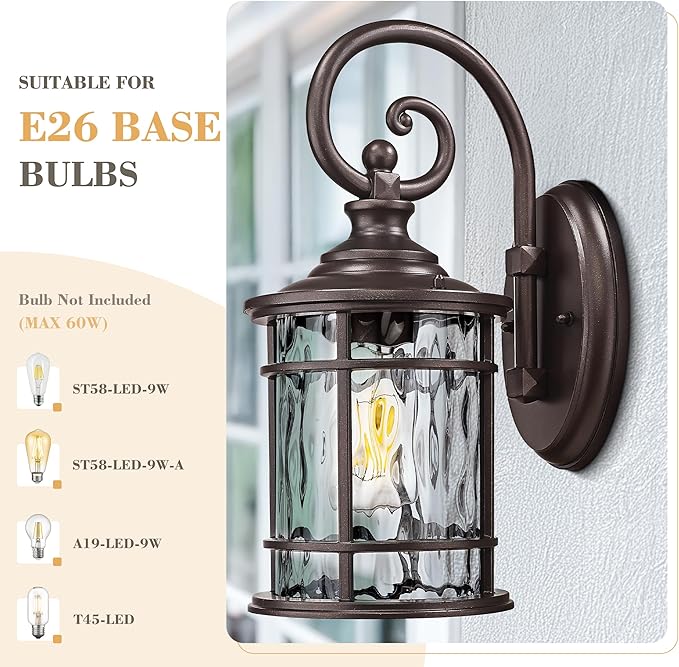Emliviar 15.5 Outdoor Wall Mounted Light Fixture Farmhouse Porch Lighting in Oil Rubbed Bronze Finish Outside Lantern for Yard with Water Ripple Glass Shade XE229B ORB WG