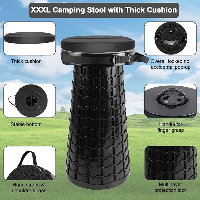 ALEVMOOM 2026 Upgraded XXL Collapsible Stool with Cushion &amp Bag Higher 23.2 Heavy Duty Telescoping Stool Max Load 1000 lbs Portable Retractable Folding Seat Chair for Camping Travel
