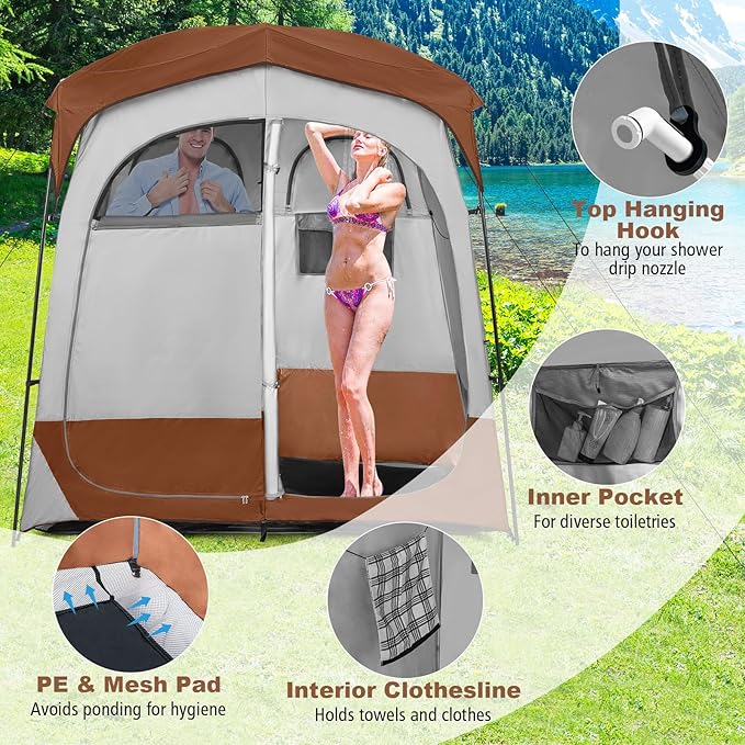 Tangkula Double Room Shower Tent Oversize Space Privacy Tent with Floor Removable Rain Fly Inside Pocket Clothesline Top Hook Portable Outdoor Changing Tent for Dressing Camping Toilet