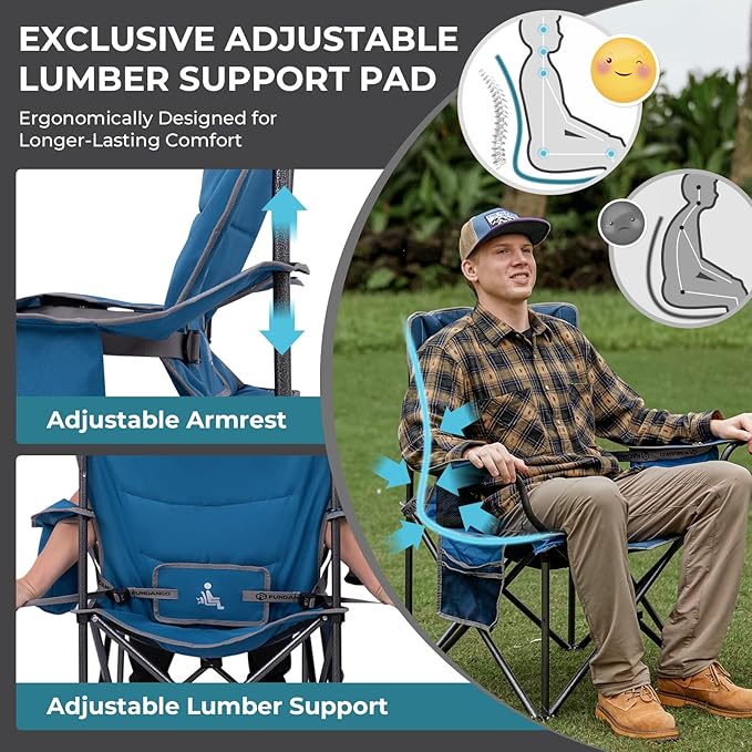 FUNDANGO Oversized Camping Chairs for Adults Heavy Duty Fold Up Sports Games Lawn Chairs Extra Wide Big Man Outdoor Chairs with Padded Lumbar Support Backrest Bag Included for Camp Beach 2 Pack