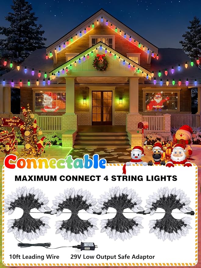 2-Pack Extentable C9 Christmas Lights Outdoor Indoor 66 FT 100 LED Christmas String Lights Plug in with 8 Modes &amp Timer Waterproof Fairy Twinkle Light for Xmas Tree Yard Decorations (Multi-Color