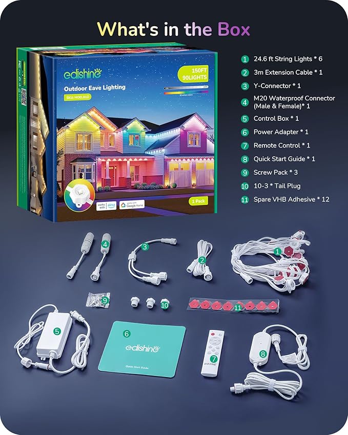EDISHINE 150FT Cuttable Permanent Outdoor Lights 90 LED Smart RGB+IC+Warm White Eave Light 111+ Scene Modes App+Voice+Remote Control IP67 Waterproof for House New Year Decor Alexa Google Enable
