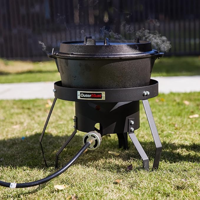 85000 BTU Camping Stove for Cast Iron Dutch OvenSingle Propane Burner with 10 PSI Regulator &amp Cast Iron Braided Holes Heavy Duty Round Gas Stove for Outdoor Cooking &amp Camping