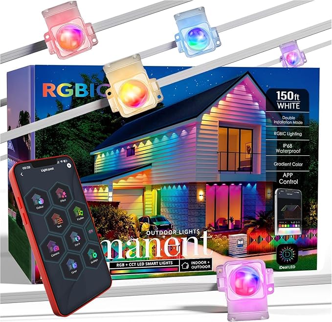 Permanent Outdoor Lights150ft RGB+IC Smart Outside Lights with 90 LED APP Control Dimmable50 Scene Modes for Outdoor Decor IP68 Waterproof Eaves Lighting for Daily Holiday Christmas Decorations