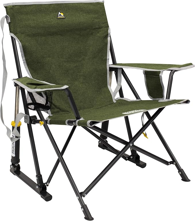 GCI Outdoor Kickback Rocker Camping Chair | Portable Folding Rocking Chair with Durable Armrests Drink Holder &amp Relaxed Lowered Seat for Comfort — Loden Green