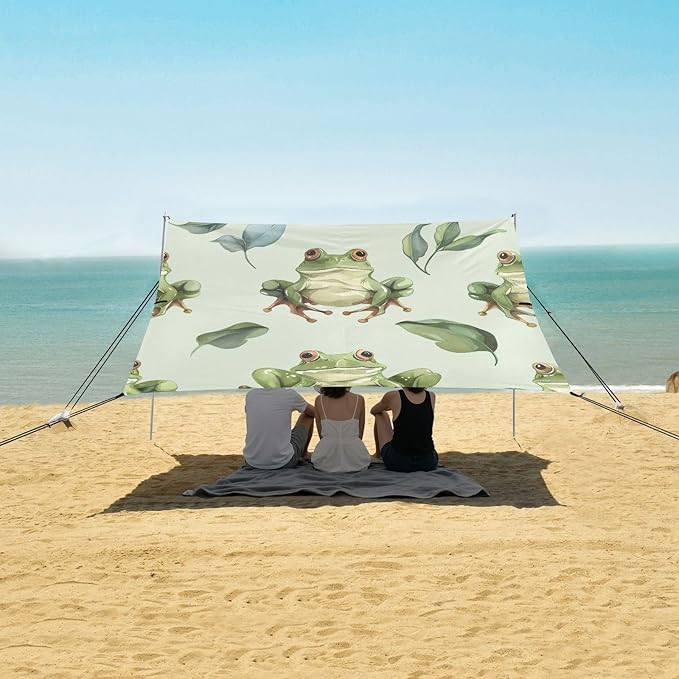 Cute Frog Pattern Beach Tent Sun Shelter 9.2' x 10.5' Beach Canopy with 4 Sandbags 4 Stability Poles Sand Shovels - Tent Canopy for Beach Camping Fishing Picnics