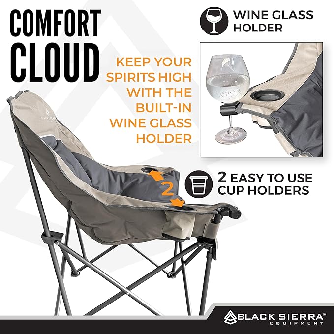 Black Sierra Oversized Camping Chair for Adults – 400 lb Heavy Duty Folding Chair with Cup Holders &amp Carry Bag