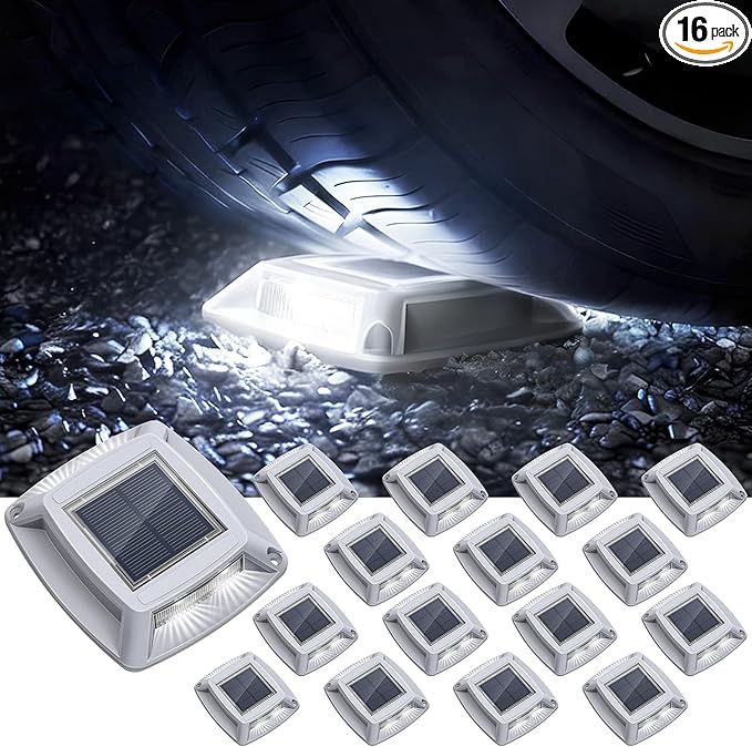 Solar Driveway Lights Outdoor 16 Pack IP68 LED Solar Powered Waterproof Driveway Marker Deck Dock Lights for Dock Step Pathway Walkway Sidewalk Garden Yard Stair Marine (White)