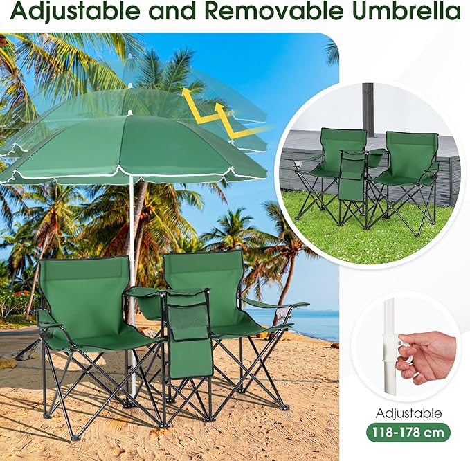 MAT EXPERT Folding Double Camp Chair w/Removable Umbrella Portable Picnic Chair w/Mini Table Chair Set w/Beverage Holder Portable Loveseat Camp Chairs for Beach Backyard Poolside (Green)