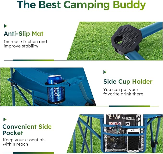 ALPHA CAMP Folding Camping Chairs for Adults Lawn Chairs Outdoor Chairs Support 250 LBS Portable Camp Chairs with Cup Holders Cooler Pouch for Outdoor 2 Pack