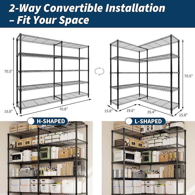 5-Tier Heavy Duty Metal Shelving Unit Adjustable Height &amp Feet Sturdy Thickened Construction High Weight Capacity Easy to Assemble for Garage Pantry Basement Kitchen 15.8 D x 71 W x 70.5