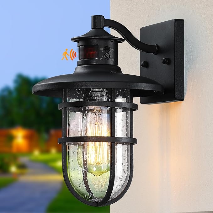 2 Pack Outdoor Wall Sconce with Motion SensorOutside Dusk to Dawn Exterior Wall MountIndustrial Anti-Rust Lantern Wall Lamp for PorchDoorwayGarageYardPatio