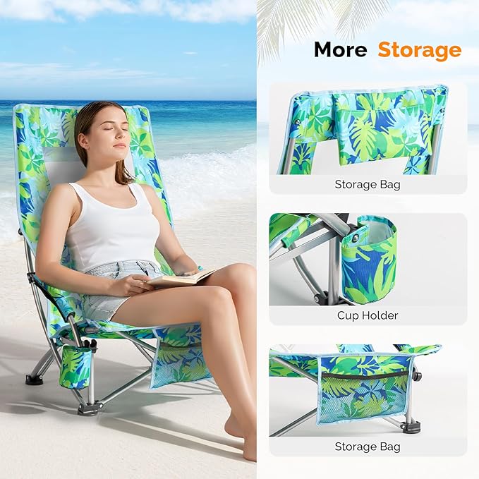 VINGLI Low Beach Chairs High Back Chairs with Carry BagFoldable Portable Backpack Beach Chair for Camping Picnic LAN-2 Pack