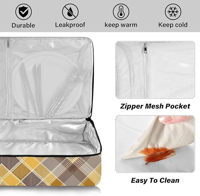 Casserole Carrier Print Yellow and Brown Tartan Insulated Casserole Carrier for Hot or Cold Food Thermal Lunch Tote for Parties Picnic Travel Carry Bag