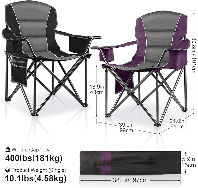 2 Pack Padded Oversized Camping Chairs for AdultsHeavy Duty Support 400 LbsFolding Portable Lawn Chair w/Cup HolderCooler BagSide PocketPerfect for Outdoor PicnicHiking(Purple&ampBlack)