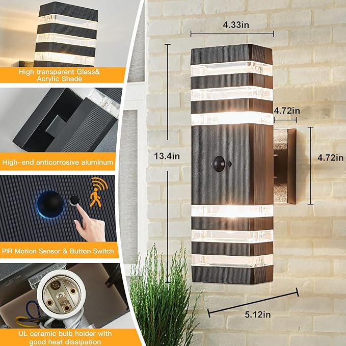 Motion Sensor Outdoor Wall Light Fixture Up Down Porch Lights Modern Dusk to Dawn Exterior Sconce Wall Mount Outside Coach Lantern for House Front Door Garage (Include 2 Free Dimmable Bulbs)