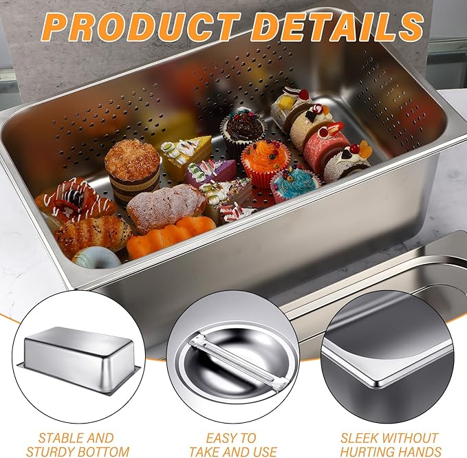 Ferraycle 3 Pack Full Size 6 Inch 8 Inch Hotel Pan with Lid Perforated Steam Table Pan Restaurant Supplies for Kitchen Steam Table Tray for Food Warmer