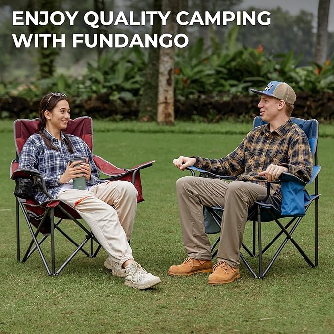 FUNDANGO Oversized Camping Chairs for Adults Heavy Duty Fold Up Sports Games Lawn Chairs Extra Wide Big Man Outdoor Chairs with Padded Lumbar Support Backrest Bag Included for Camp Beach 2 Pack