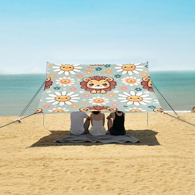 Cute Cartoon Little Lion Face Little Daisy Camping Sun Shelter Beach Tent Portable Beach Sun Shade Outdoor Canopy for Camping Trips Fishing Picnic