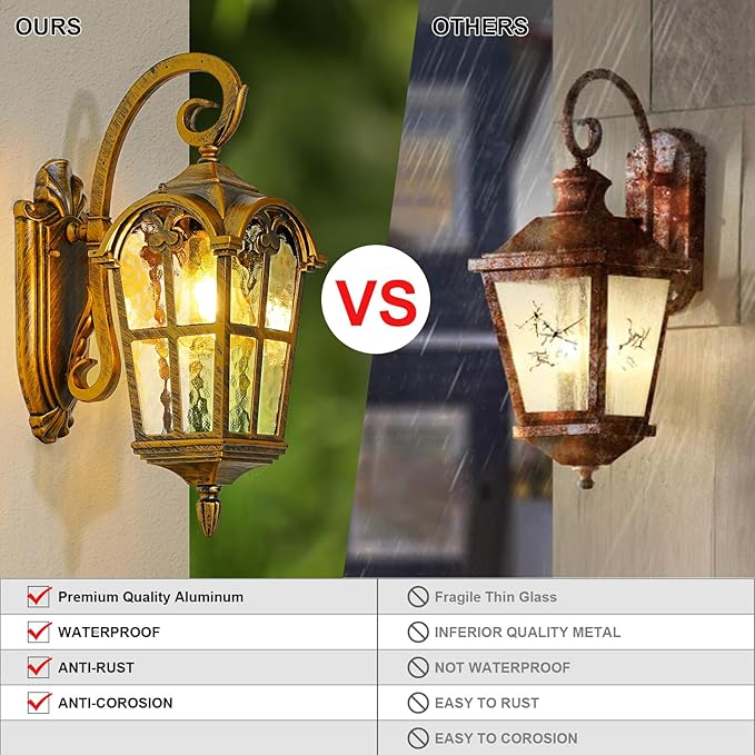17.1 H Gold Outdoor Wall Lights - Waterproof &amp Anti-Rust Aluminum Porch Light Wall Mount Hammered Exterior Lighting Fixtures Outside Wall Lantern for Patio Doorway Garden 2 Pack