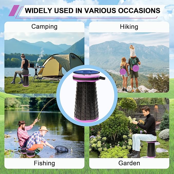 ALEVMOOM 2026 Upgraded XXL 19.7 Collapsible Stool with Cushion 1000lbs Max Weight Heavy Duty Portable Telescoping Stool Retractable Seat Folding Chair for Camping Fishing Hiking(Purple-XXL)