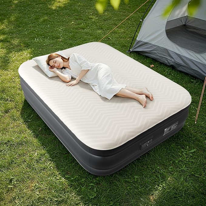 Outvita 18in Queen Air Mattress with Built-in Pump Foam Topper Inflatable Air Bed Quick Assembly Comfort Luxury Blow Up Sleeping Mat for Guests and Home Camping Travel 650lbs Weight Capacity