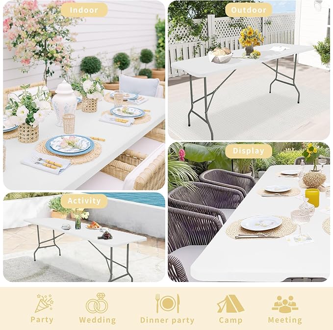 Set of 2 Folding Table 6 FT Lightweight Camping Table Portable Plastic Rectangular Outdoor Dining Table Steel Legs Fold-in-Half with Carrying Handle for IndoorPicnicPartyWeddingEvents(White)