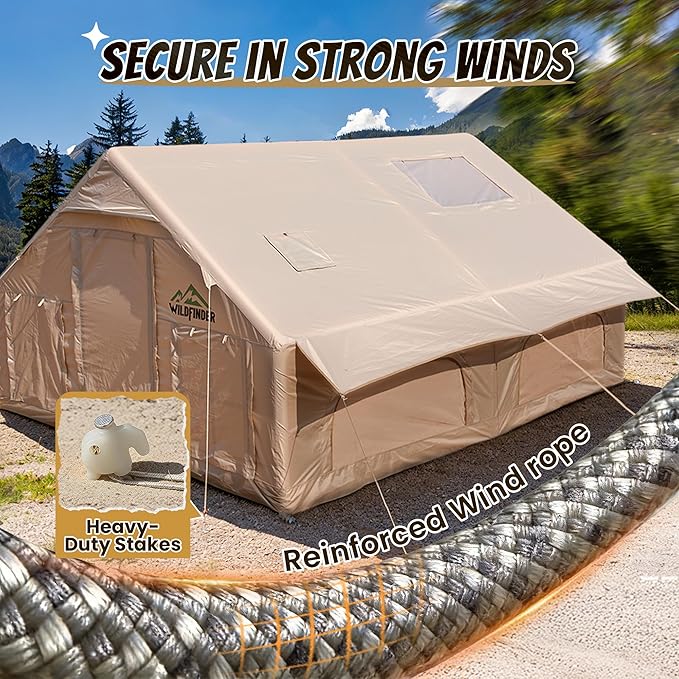Inflatable Tent with Skylight Quick Setup Blow Up Tents with Pump Hot Tent with Stove Jack Waterproof Oxford Inflatable House for Camping Air Glamping Tents for Camping Adult 4-6 Person